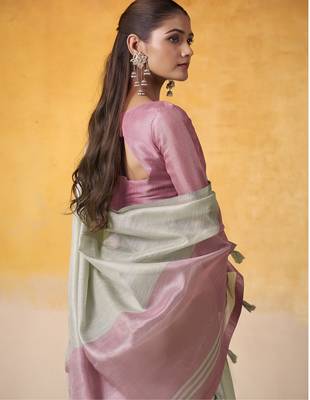 Women's mint tissue silk blend solid saree with unstitched silk blend blouse piece 4