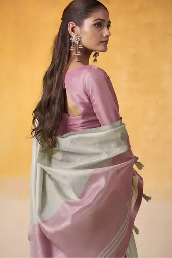 Women's mint tissue silk blend solid saree with unstitched silk blend blouse piece