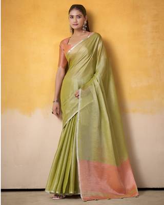 Women's parrot green tissue silk blend solid saree with unstitched silk blend blouse piece 1