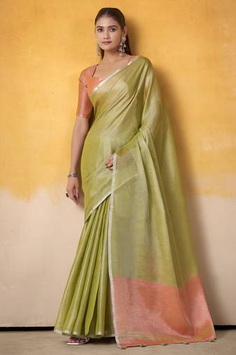 Women's parrot green tissue silk solid  saree with unstitched silk blouse piece