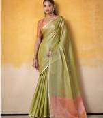 Women's parrot green tissue silk solid  saree with unstitched silk blouse piece