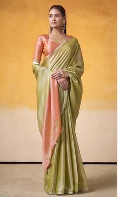 Women's parrot green tissue silk blend solid saree with unstitched silk blend blouse piece 2