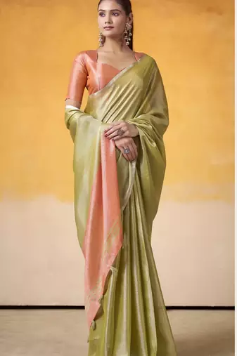 Women's parrot green tissue silk blend solid saree with unstitched silk blend blouse piece