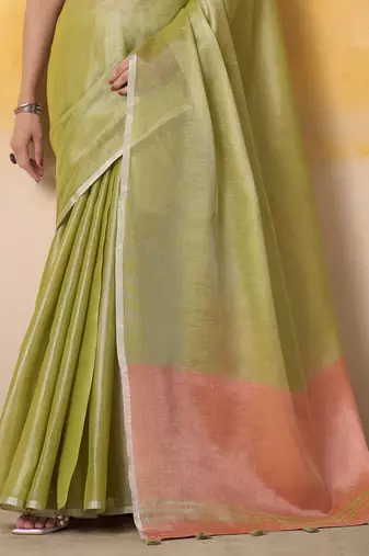 Women's parrot green tissue silk blend solid saree with unstitched silk blend blouse piece