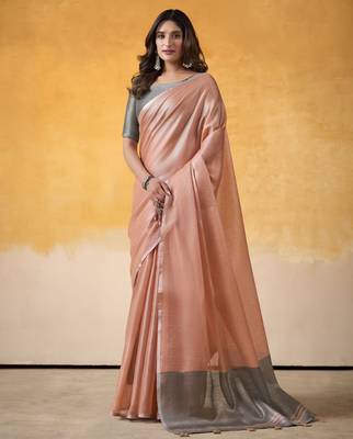 Women's peach tissue silk blend solid saree with unstitched silk blend blouse piece 1