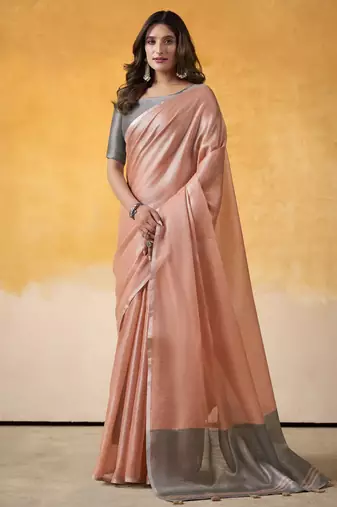 Women's peach tissue silk solid  saree with unstitched silk blouse piece