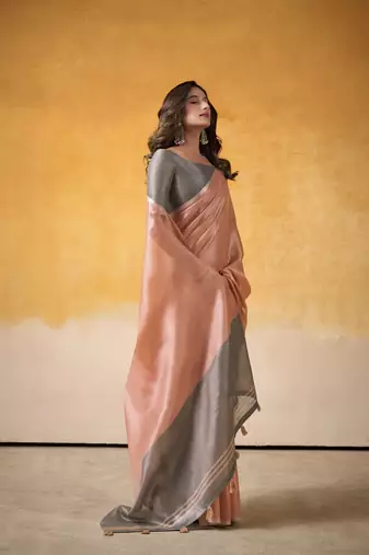 Women's peach tissue silk blend solid saree with unstitched silk blend blouse piece