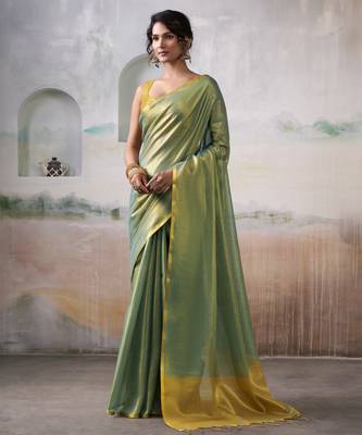 Women's green tissue silk blend solid saree with unstitched silk blend blouse piece 1