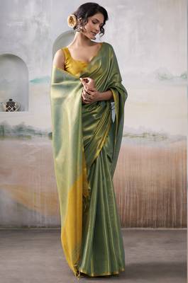 Women's green tissue silk blend solid saree with unstitched silk blend blouse piece 2