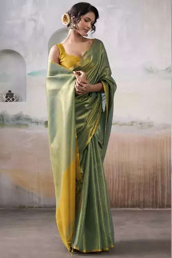 Women's green tissue silk blend solid saree with unstitched silk blend blouse piece