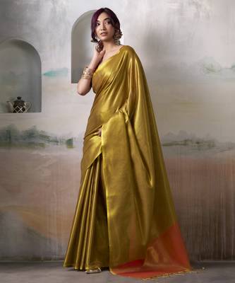 Women's gold tissue silk blend solid saree with unstitched silk blend blouse piece 1