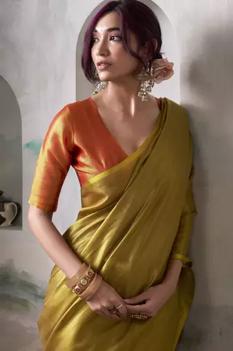 Women's gold tissue silk blend solid saree with unstitched silk blend blouse piece