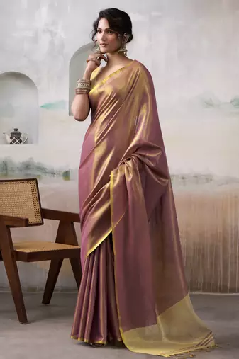 Women's mauve tissue silk solid  saree with unstitched silk blouse piece