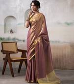 Women's mauve tissue silk solid  saree with unstitched silk blouse piece