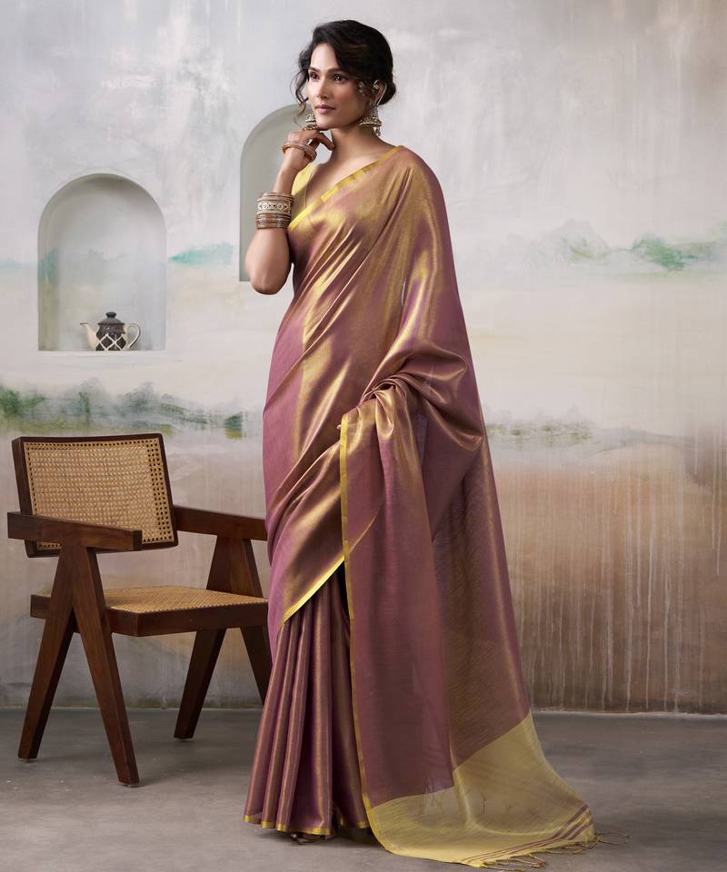 Women's mauve tissue silk solid  saree with unstitched silk blouse piece