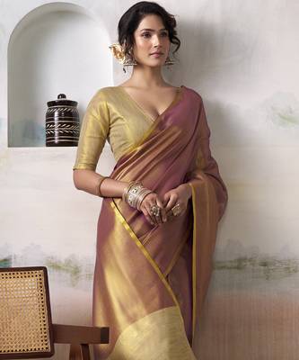 Women's mauve tissue silk blend solid saree with unstitched silk blend blouse piece 2