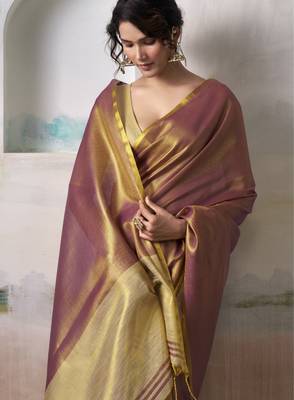 Women's mauve tissue silk blend solid saree with unstitched silk blend blouse piece 3
