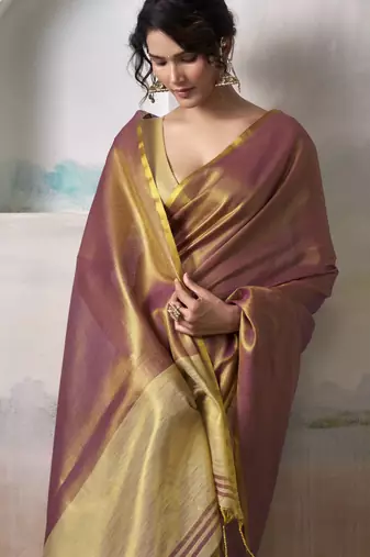 Women's mauve tissue silk blend solid  saree with unstitched silk blend blouse piece