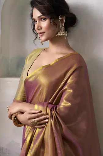 Women's mauve tissue silk blend solid  saree with unstitched silk blend blouse piece