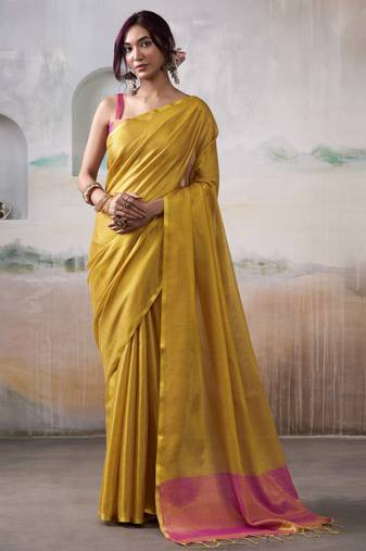Women's yellow tissue silk solid  saree with unstitched silk blouse piece