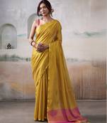 Women's yellow tissue silk solid  saree with unstitched silk blouse piece