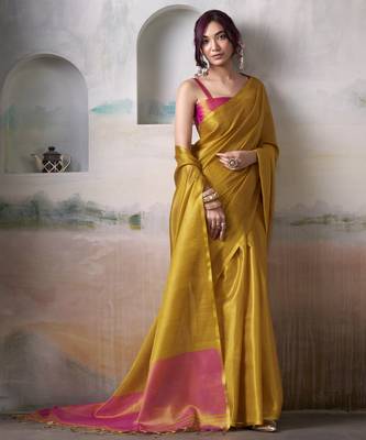Women's yellow tissue silk blend solid saree with unstitched silk blend blouse piece 2