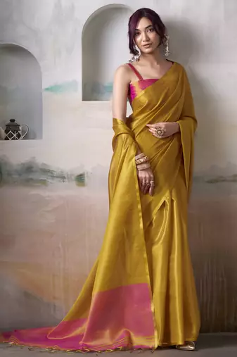 Women's yellow tissue silk blend solid saree with unstitched silk blend blouse piece