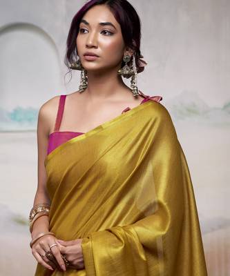 Women's yellow tissue silk blend solid saree with unstitched silk blend blouse piece 3