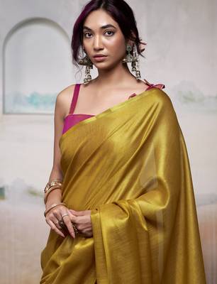 Women's yellow tissue silk blend solid saree with unstitched silk blend blouse piece 4