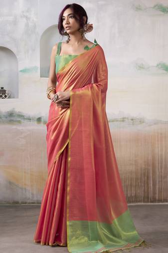Women's peach tissue silk solid  saree with unstitched silk blouse piece