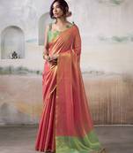 Women's peach tissue silk solid  saree with unstitched silk blouse piece