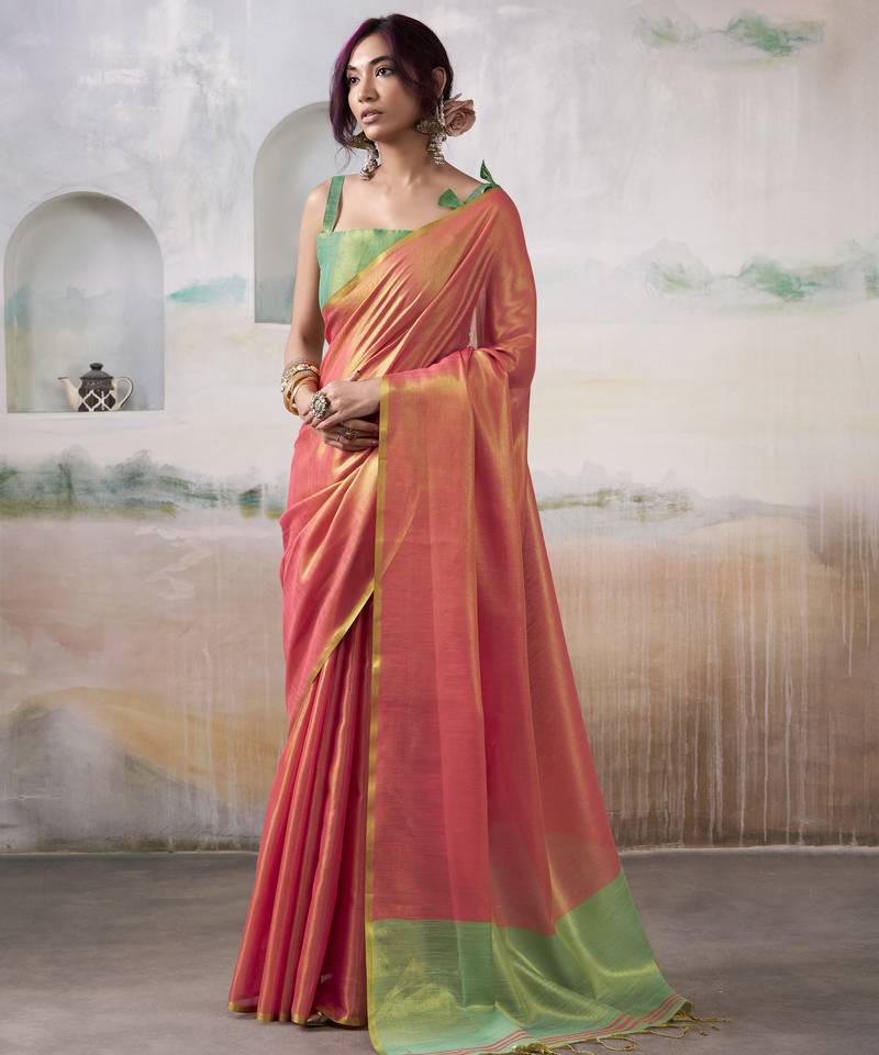 Women's peach tissue silk solid  saree with unstitched silk blouse piece