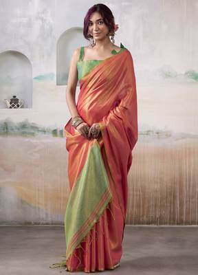 Women's peach tissue silk blend solid saree with unstitched silk blend blouse piece 2