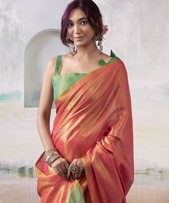 Women's peach tissue silk blend solid saree with unstitched silk blend blouse piece 4