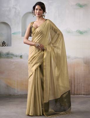 Women's beige tissue silk blend solid saree with unstitched silk blend blouse piece 1