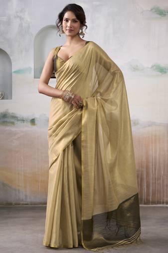 Women's beige tissue silk solid  saree with unstitched silk blouse piece