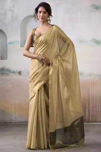 Women's beige tissue silk solid  saree with unstitched silk blouse piece