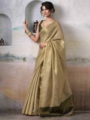 Women's beige tissue silk blend solid saree with unstitched silk blend blouse piece 2