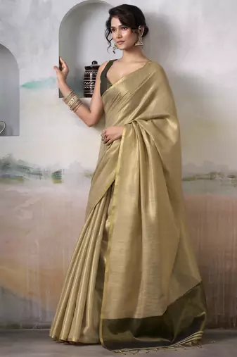 Women's beige tissue silk blend solid  saree with unstitched silk blend blouse piece