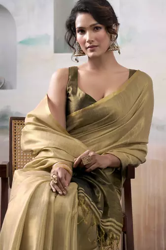 Women's beige tissue silk blend solid  saree with unstitched silk blend blouse piece