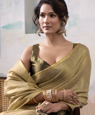Women's beige tissue silk blend solid saree with unstitched silk blend blouse piece 4