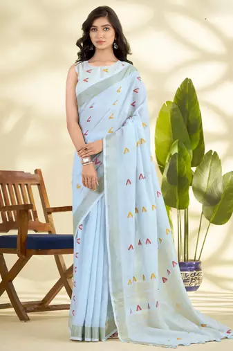 Women's blue linen silk woven  saree with unstitched silk blouse piece