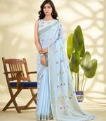 Women's blue linen silk woven  saree with unstitched silk blouse piece