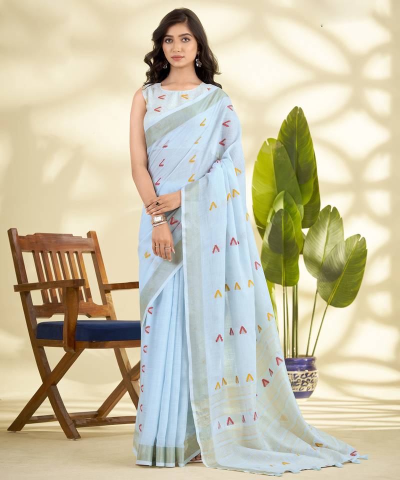 Women's blue linen silk woven  saree with unstitched silk blouse piece