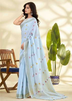 Women's blue linen silk blend woven saree with unstitched silk blend blouse piece 2