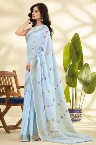 Women's blue linen silk blend woven  saree with unstitched silk blend blouse piece