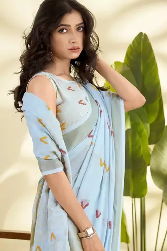 Women's blue linen silk blend woven  saree with unstitched silk blend blouse piece