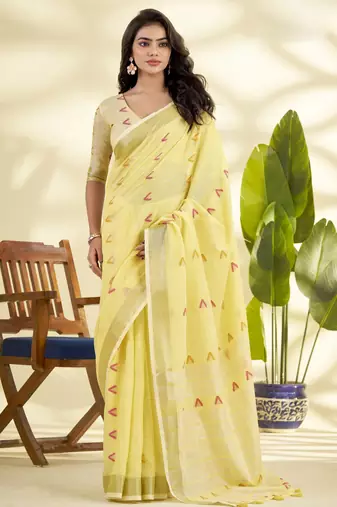 Women's yellow linen silk woven  saree with unstitched silk blouse piece