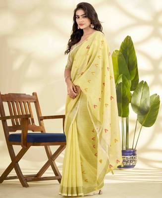 Women's yellow linen silk blend woven saree with unstitched silk blend blouse piece 2