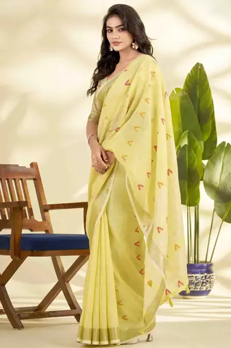 Women's yellow linen silk blend woven saree with unstitched silk blend blouse piece